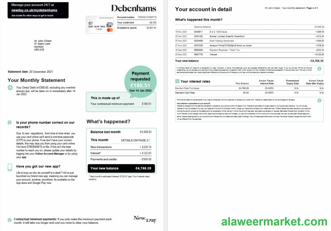 United Kingdom Debenhams card monthly statement Word and PDF template, 4 pages 1 2
